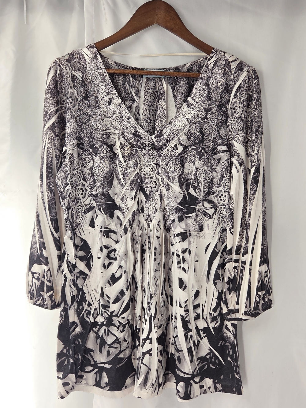 Unity World Wear Abstract Geometric V Neck Tunic Blouse Top XL Y2K Boho Artsy